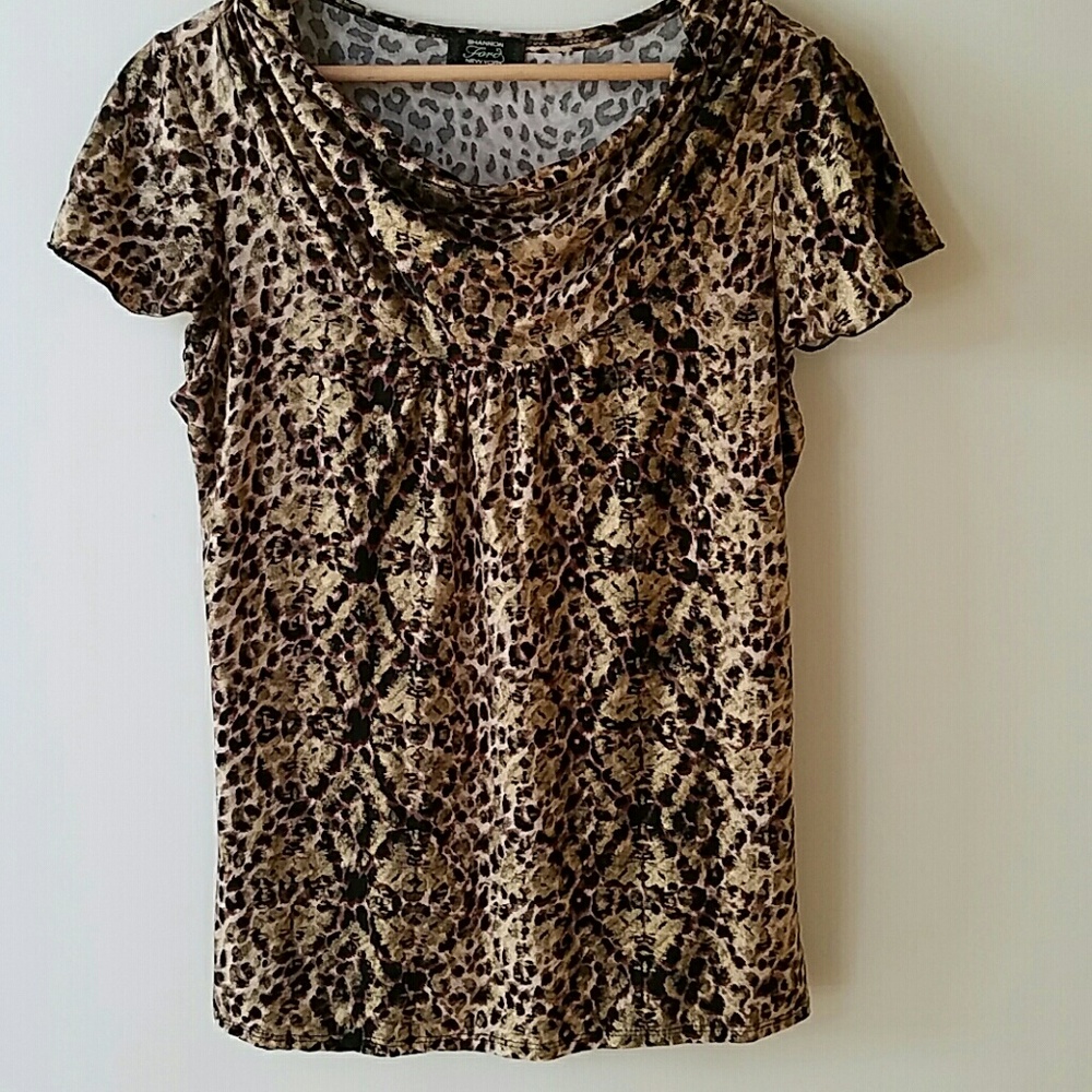 Leopard- print, cowl-neck, short-sleeved top