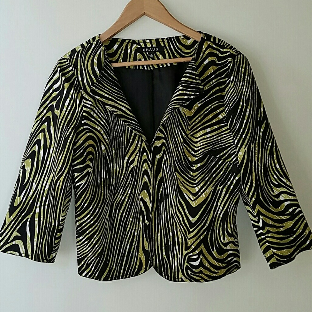 Lime, black, and off-white animal print blazer