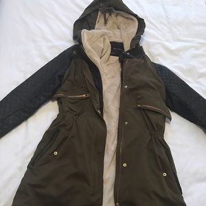 ZARA green and black quilted faux leather parka