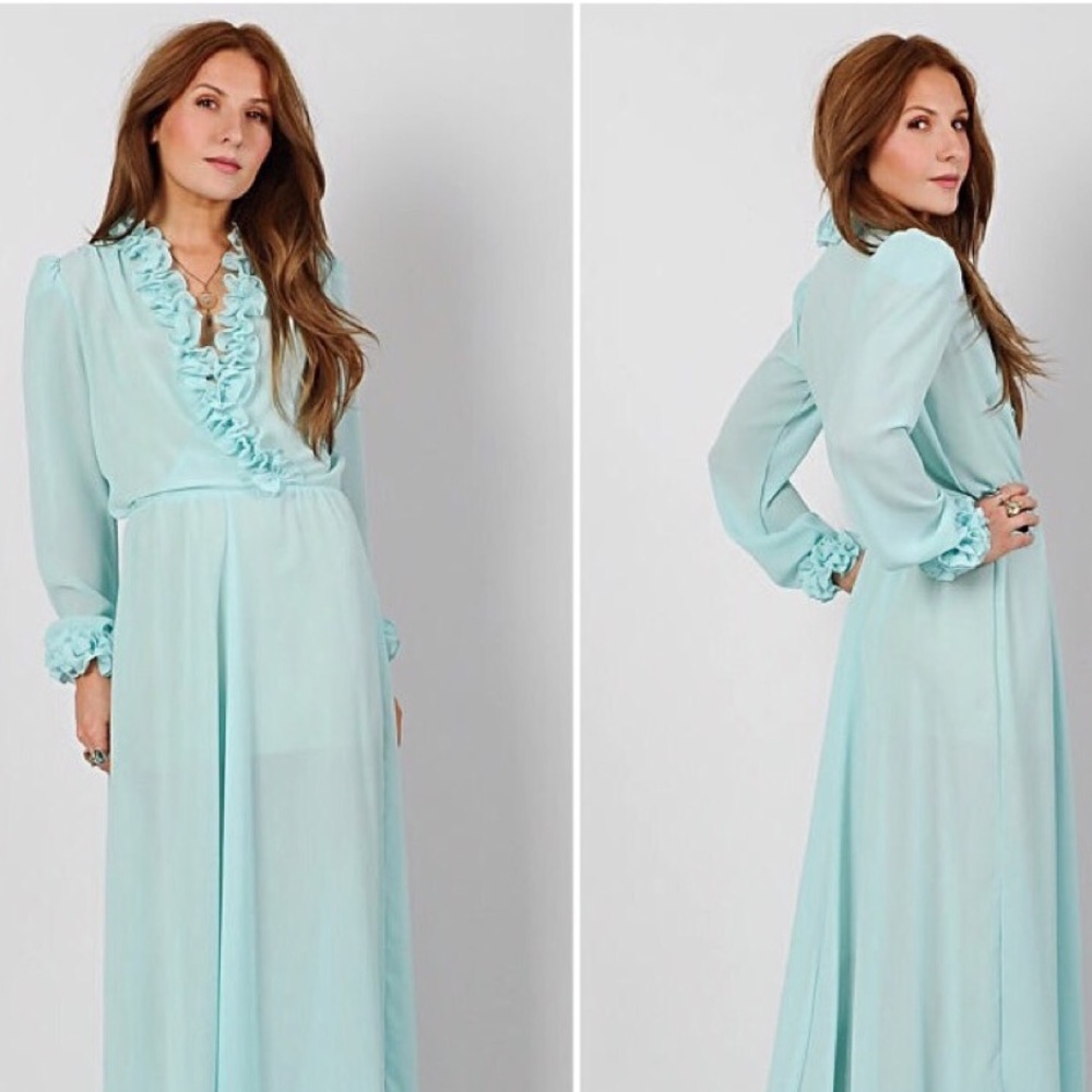 ***SOLD ON ETSY***Vintage 70s Mint Green Chiffon Origami Ruffle Maxi