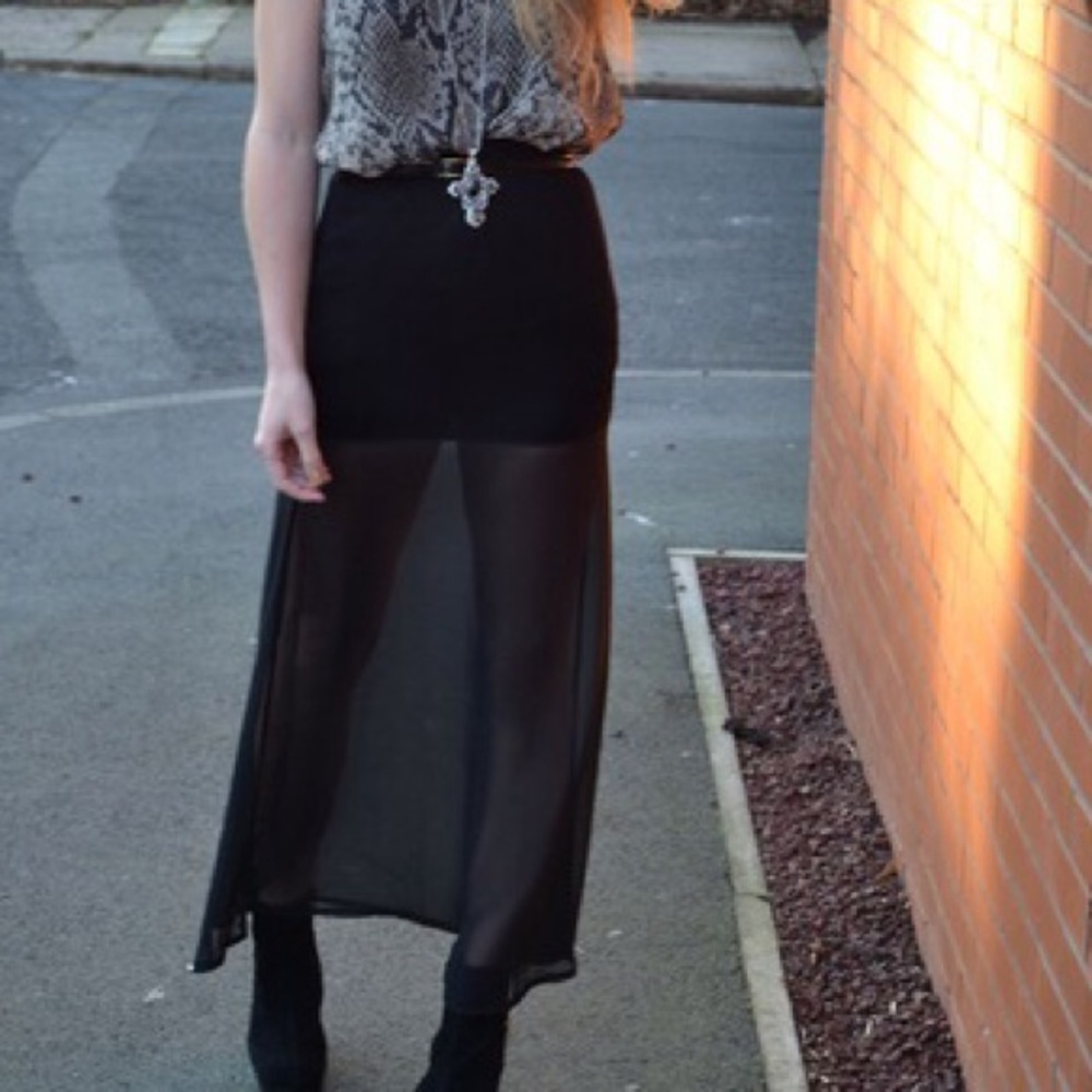 Sheer black maxi skirt with leather waistband
