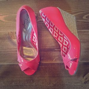 Coral peep toe wedges