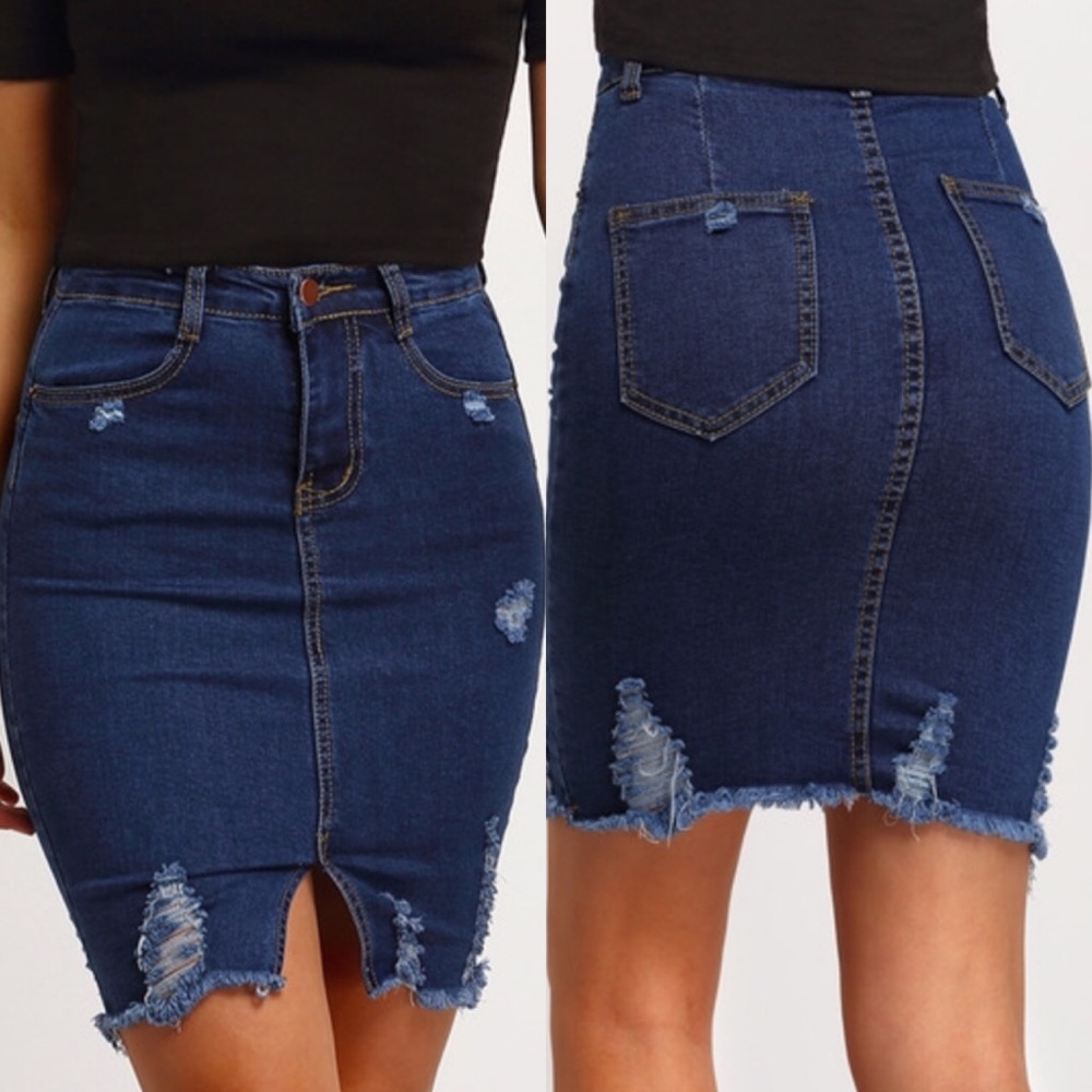 M-L Ripped SPLIT DENIM SKIRT - Picture 1 of 4