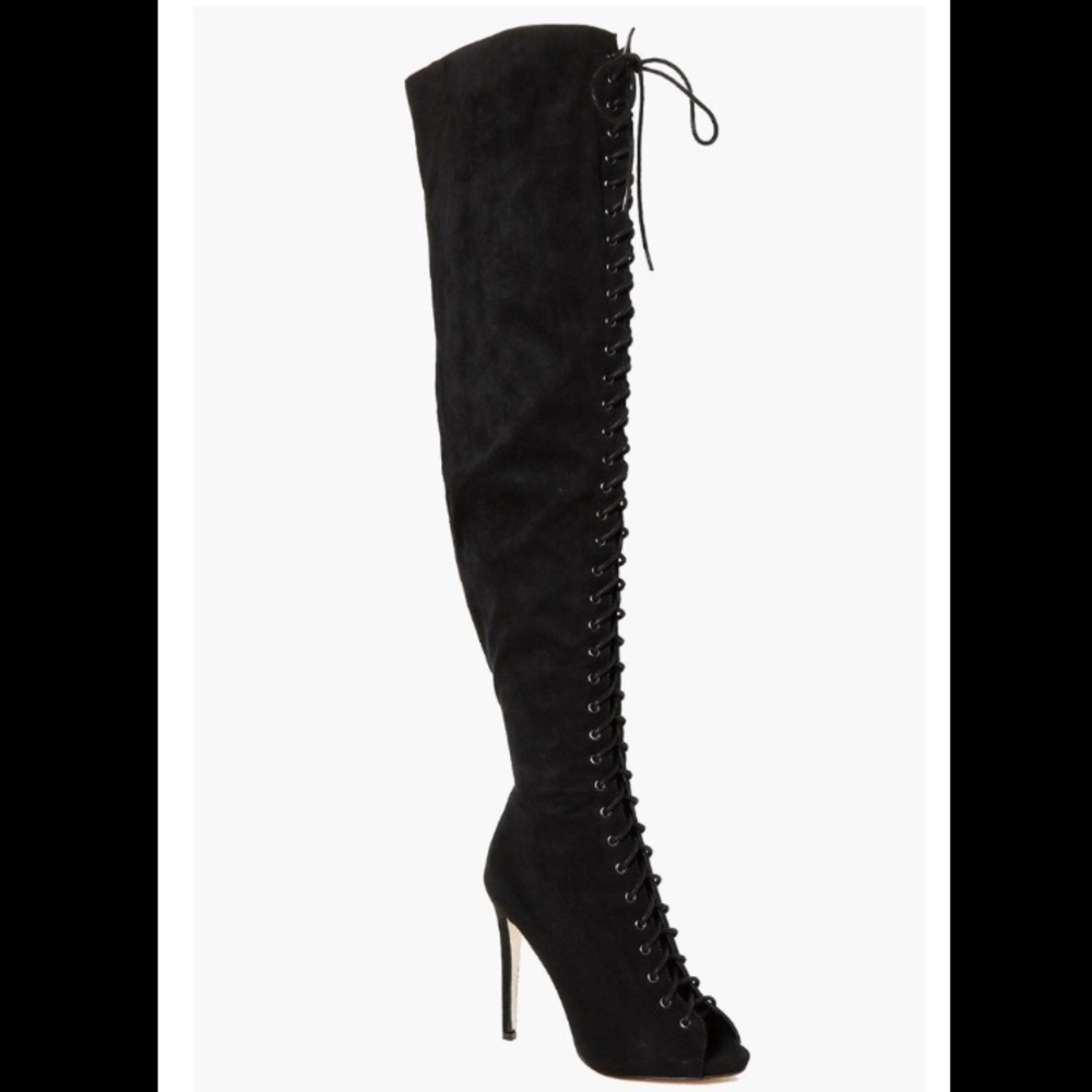 Black lace up thigh high boots