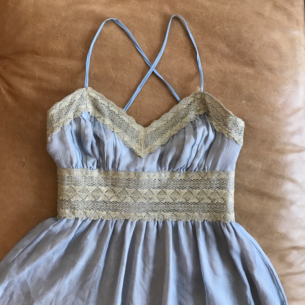 Blue silk dress with gold trim, size 6