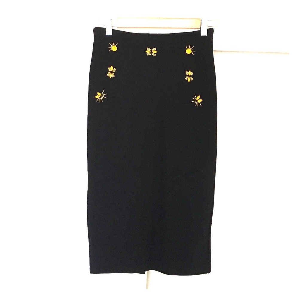 H&M BLACK JEWELED MIDI PENCIL SKIRT SIZE XS