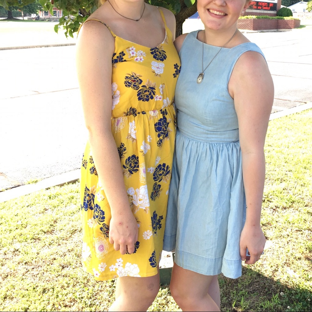 Yellow Sundress with Navy and Red Flowers