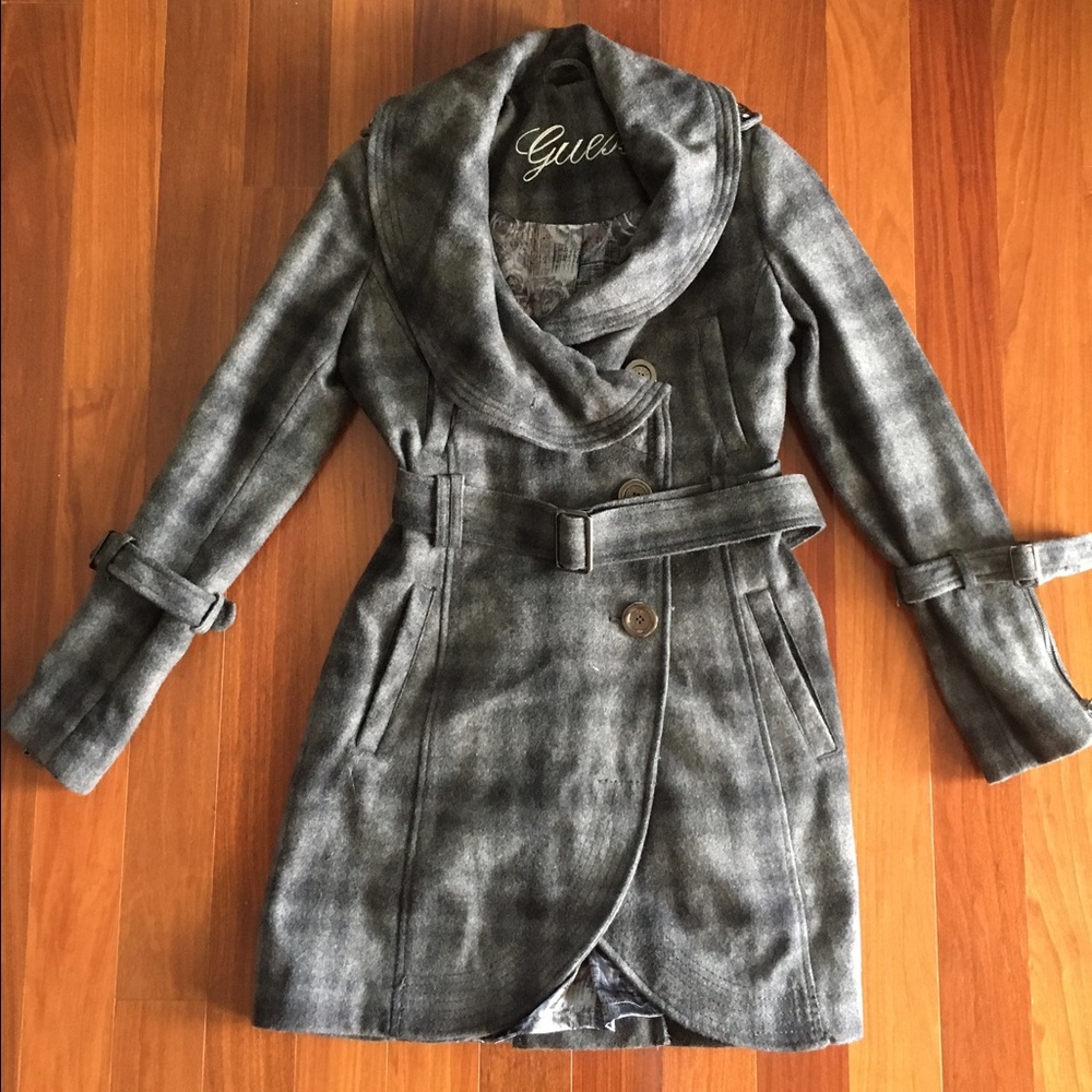 Guess Charcoal and Grey Plaid Coat