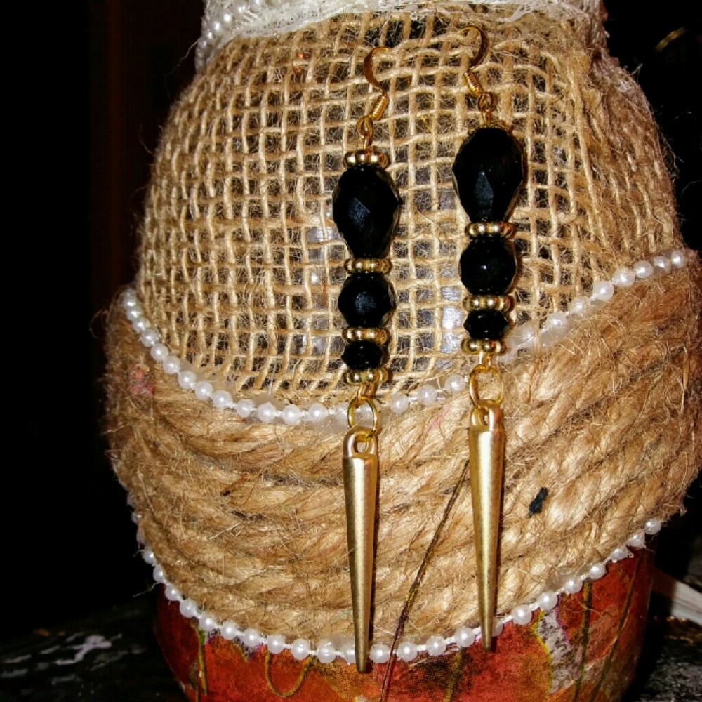 Handmade gold tone black Spike dangles