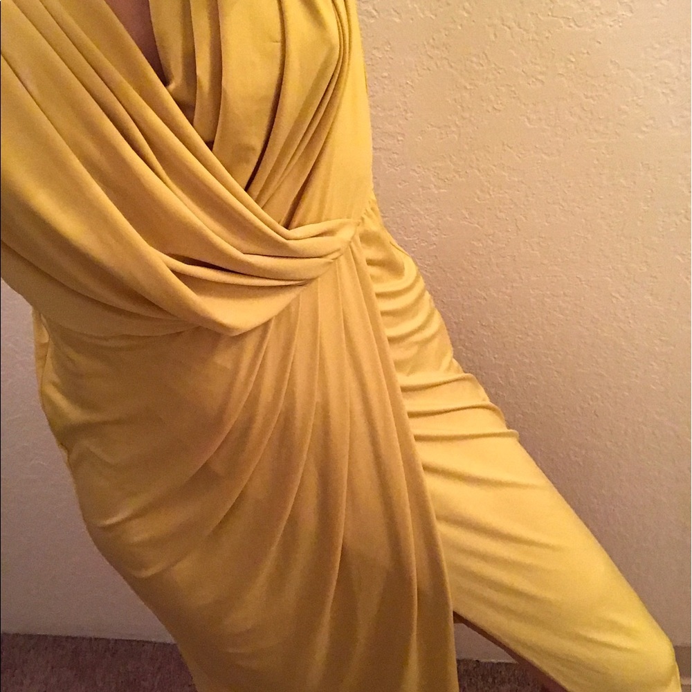 Poema canary yellow, deep plunge midi dress.