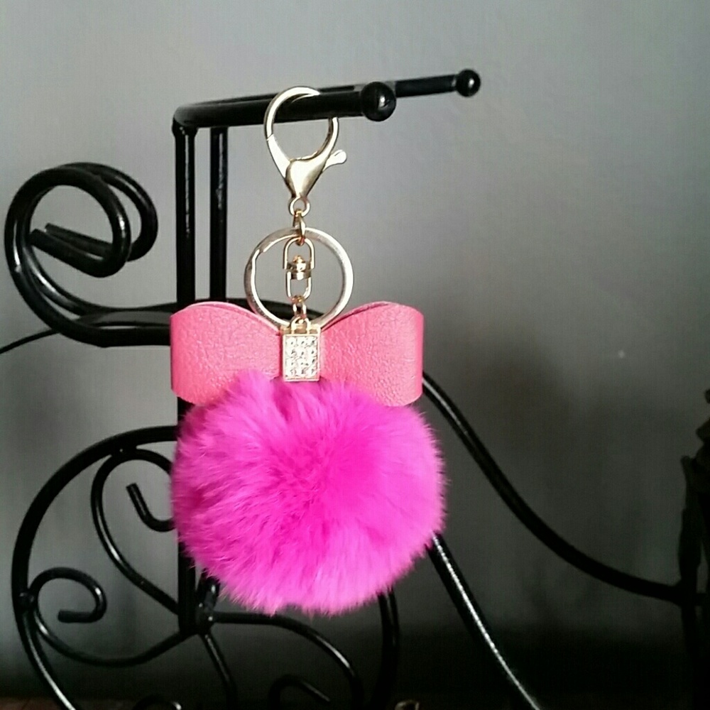 Hot Pink fuchsia pom pom keychain with bow rhines