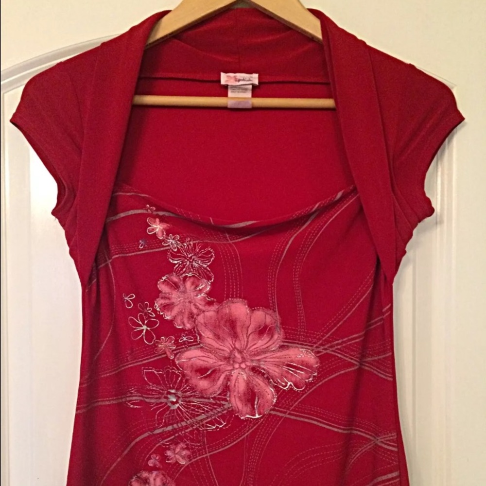Red Floral Print Shawl Collar Stretch Top