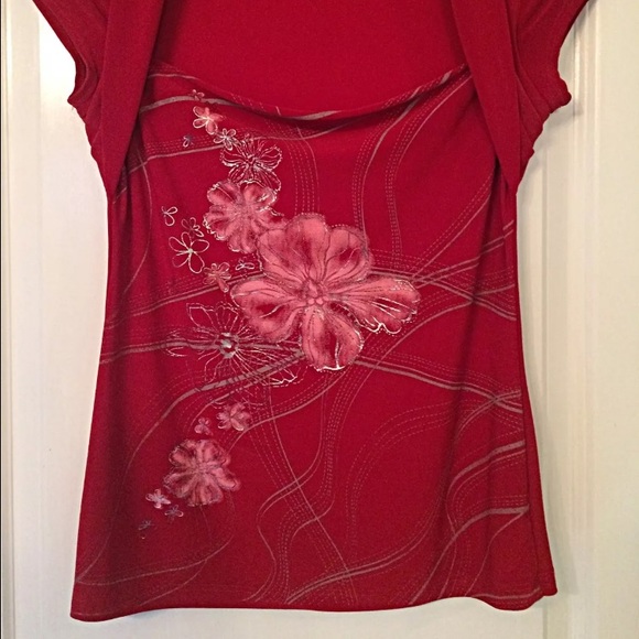 Red Floral Print Shawl Collar Stretch Top - Picture 3 of 4