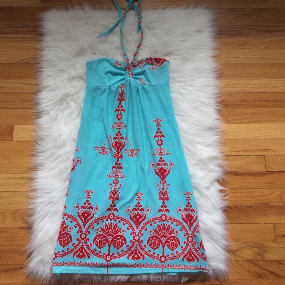 🌺Tropical Blue & Red S-Twelve Dress