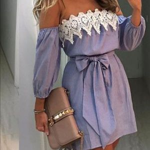 Sexy Off Shoulder Blue Stripped Mini Dress