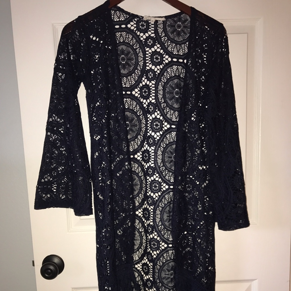 Crocheted Kimono navy blue long sleeve