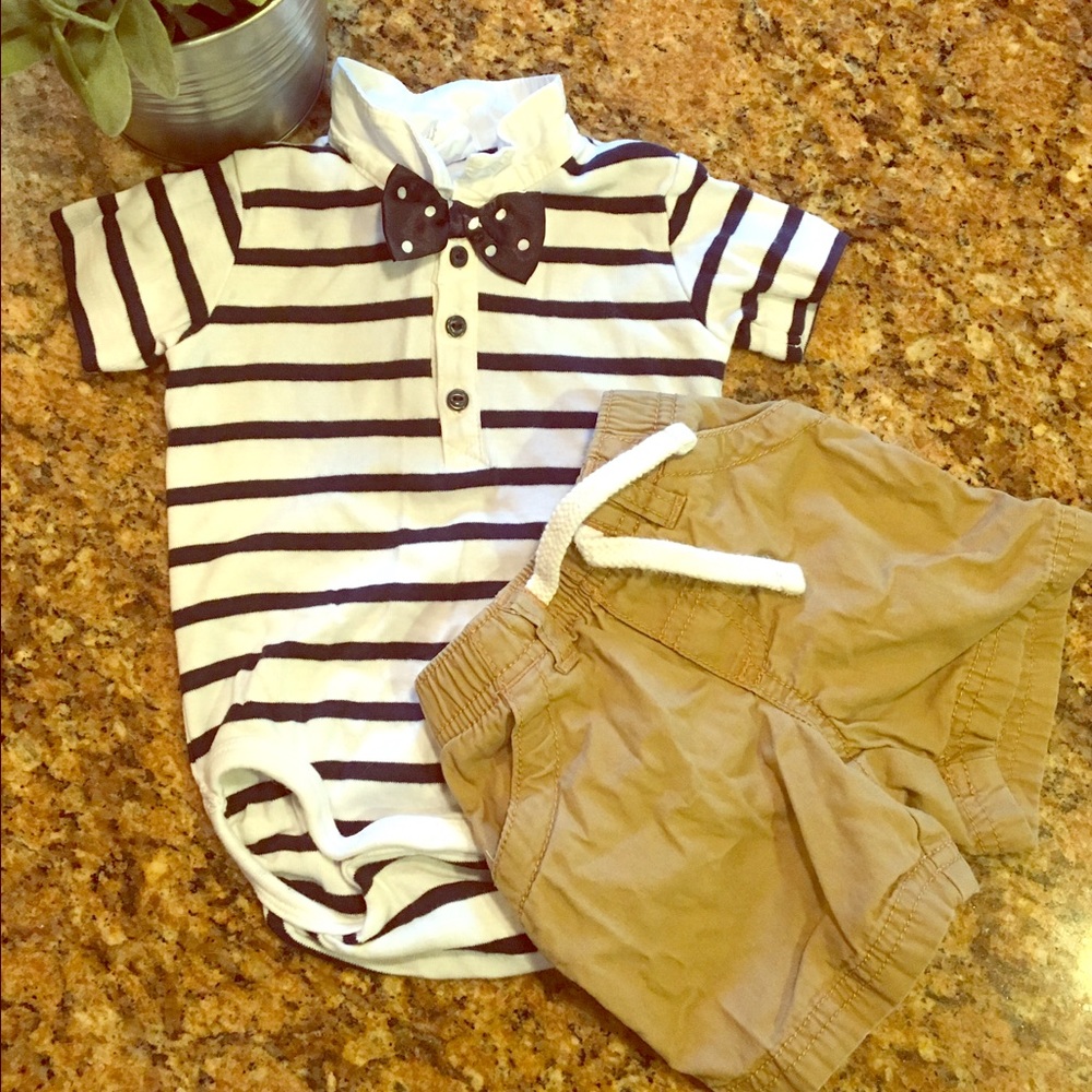 Bow tie onesie and khaki shorts. 3-6months