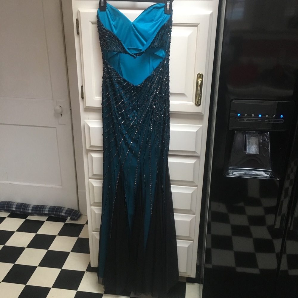 Jeweled Turquoise long prom or formal gown - Picture 3 of 4
