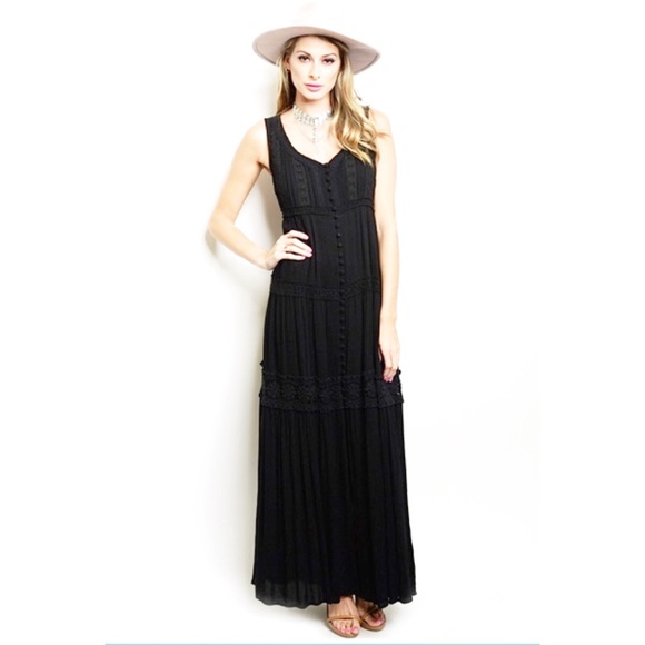 BLACK Boho Maxi  Crochet Knit Tiers Dress - Picture 2 of 4