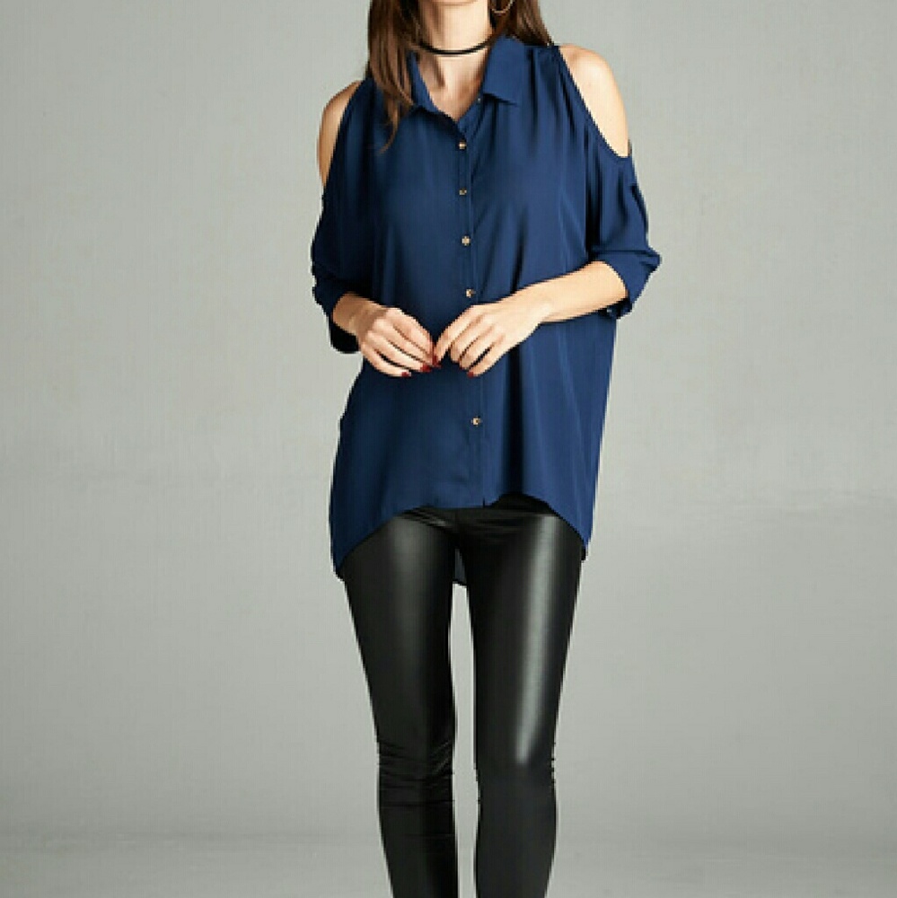 Open Shoulder Button Wool Dobby Top