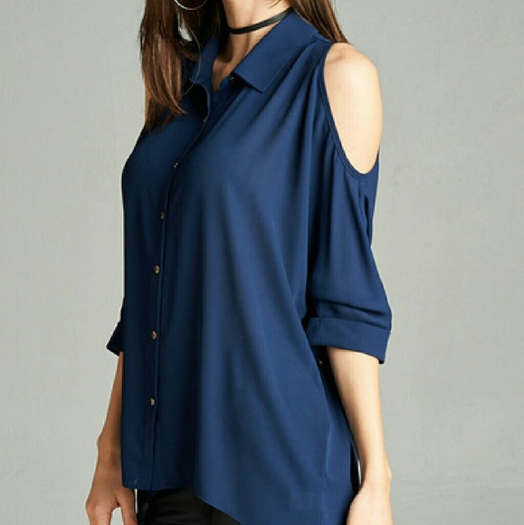 Open Shoulder Button Wool Dobby Top - Picture 2 of 4