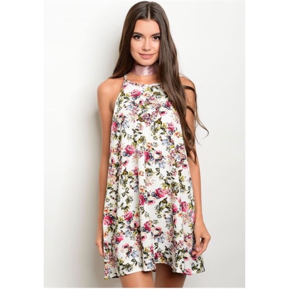 Last One ! Racerback Ivory Floral Trapeze Dress - Picture 2 of 3