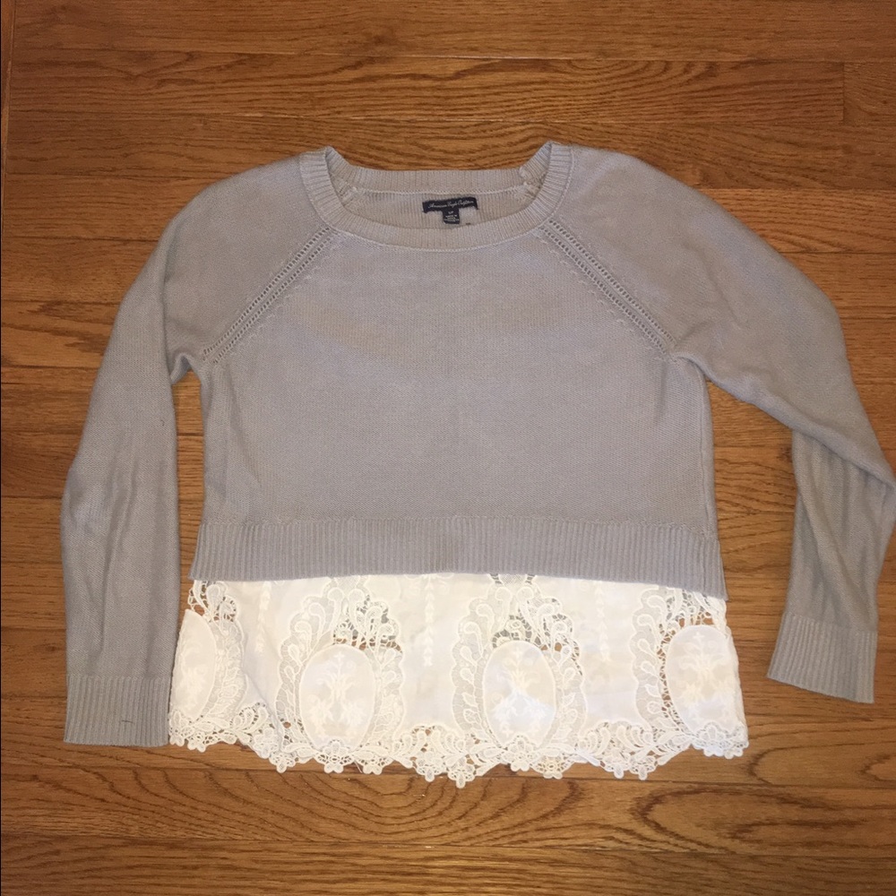 Grey American Eagle Sweater with lace bottom