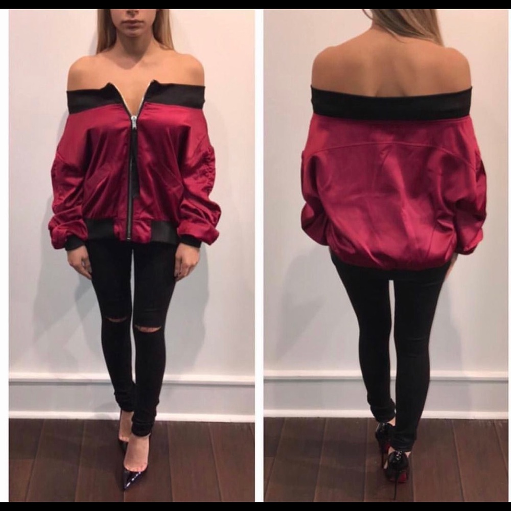 NWT Red Off-Shoulder Bomber Jacket
