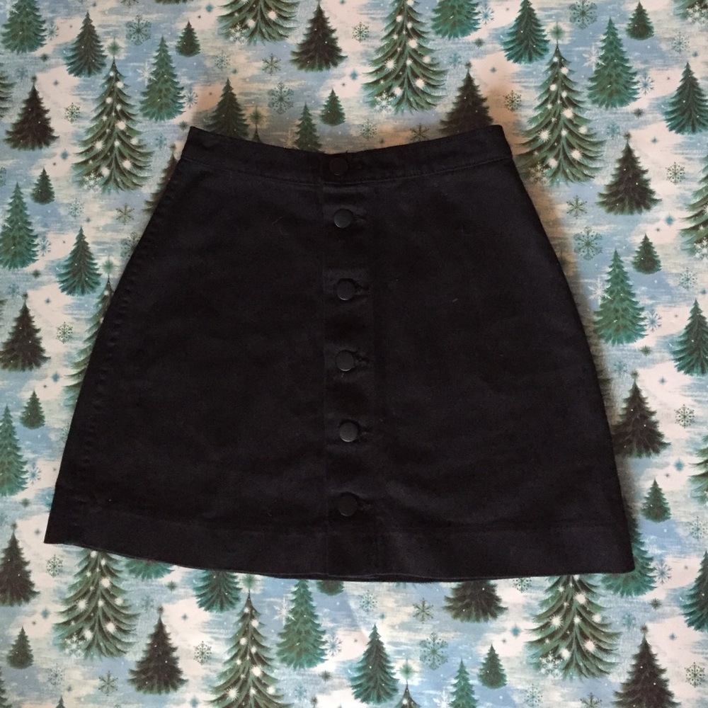 Black Button Front Denim A-Line Skirt