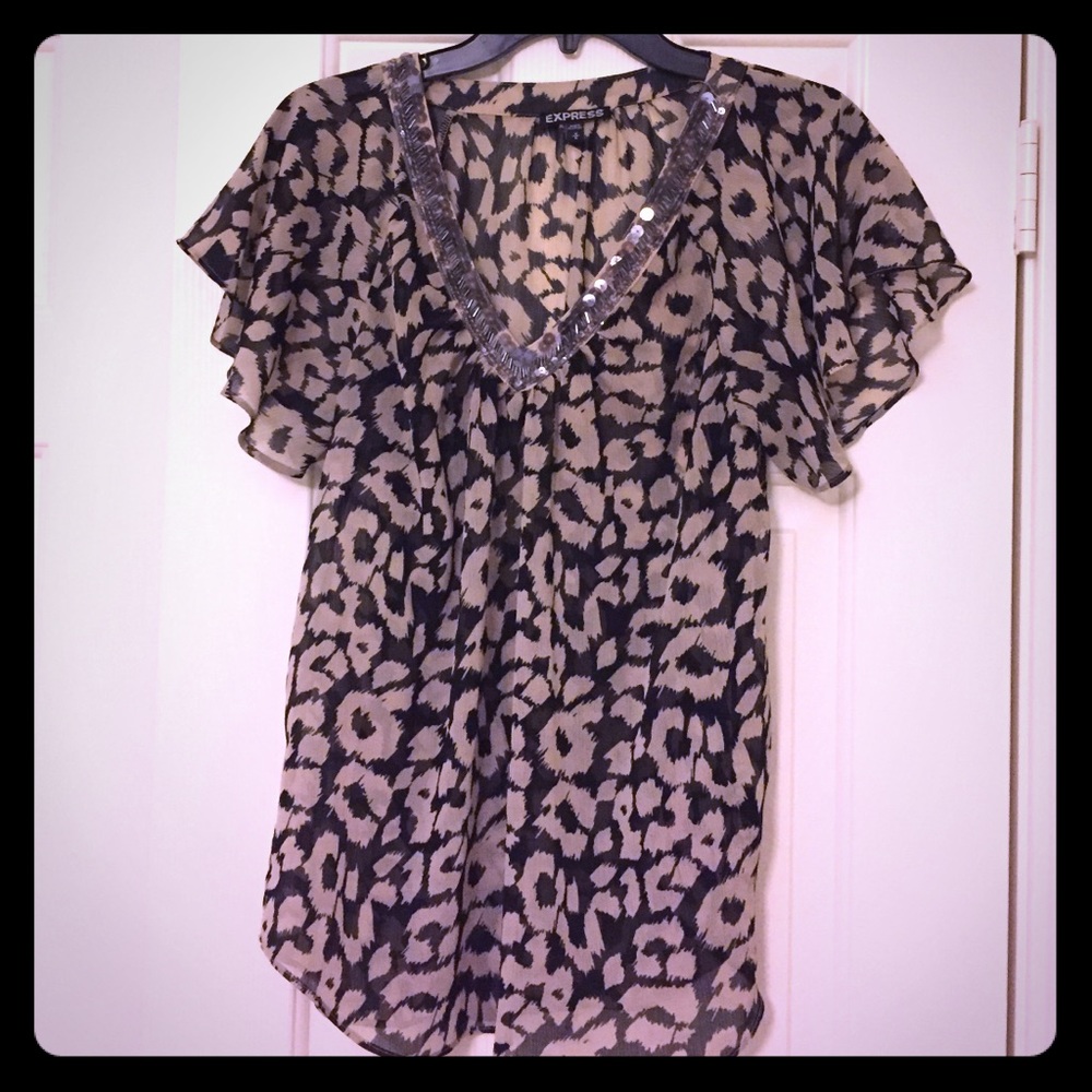 Express Leopard Blouse with Sequin Neckline