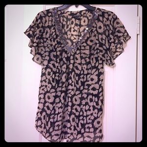 Express Leopard Blouse with Sequin Neckline
