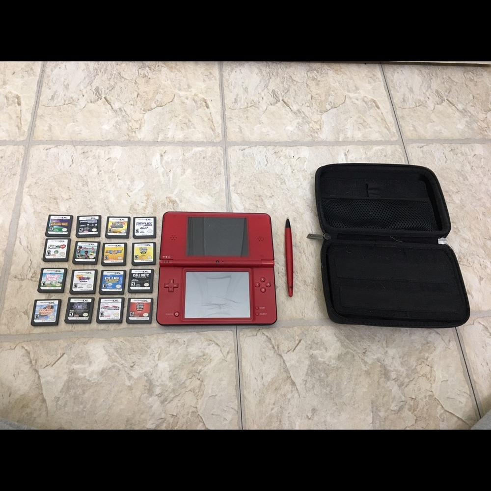 Red 3DS XL, games, pen, case.