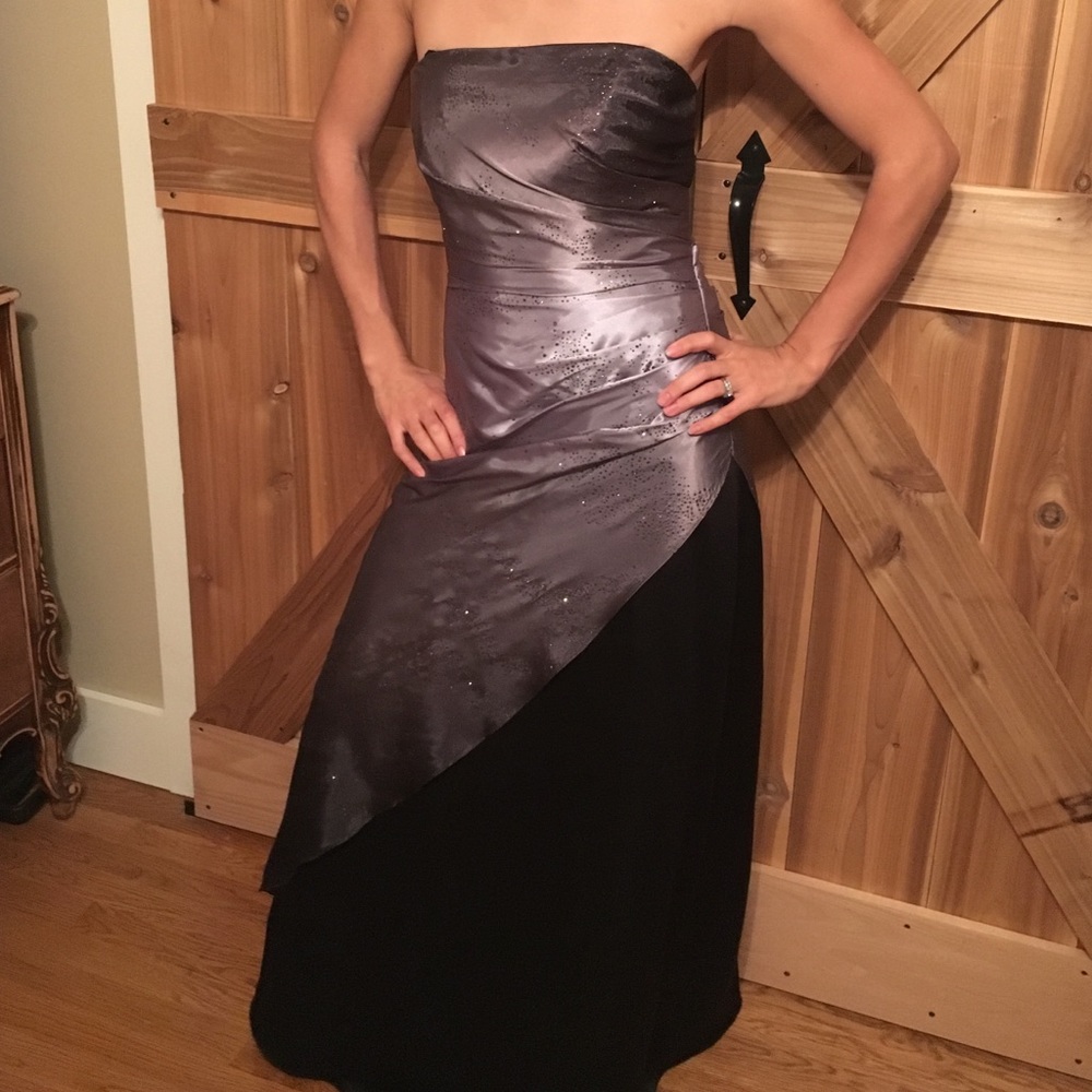 Black and silver strapless gown
