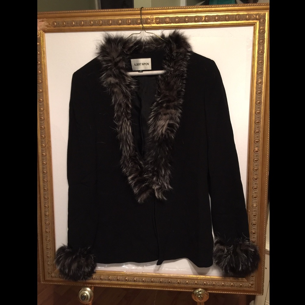 Black blazer with real fox collar and sleeves
