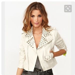 Creme Faux Leather Cropped Studded Moto Jacket