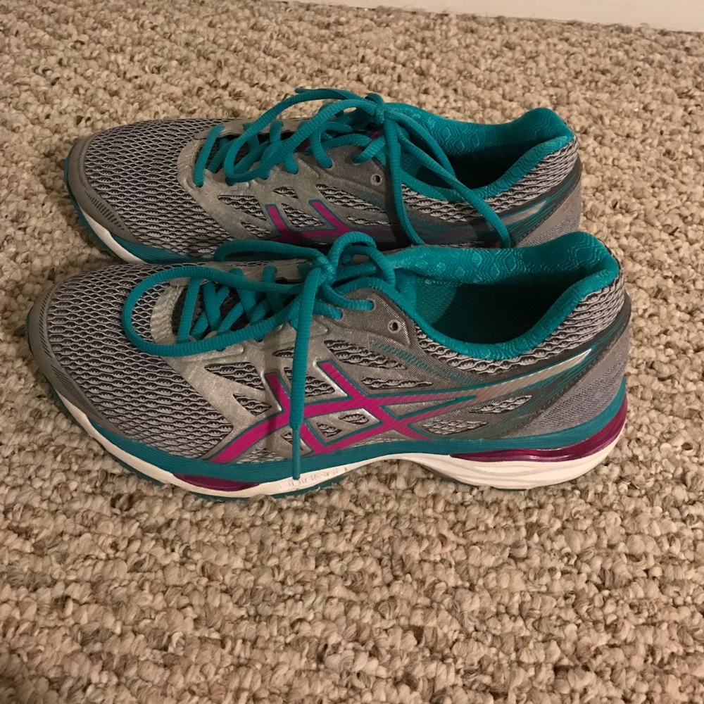 Pink and blue asics tennis shoes!
