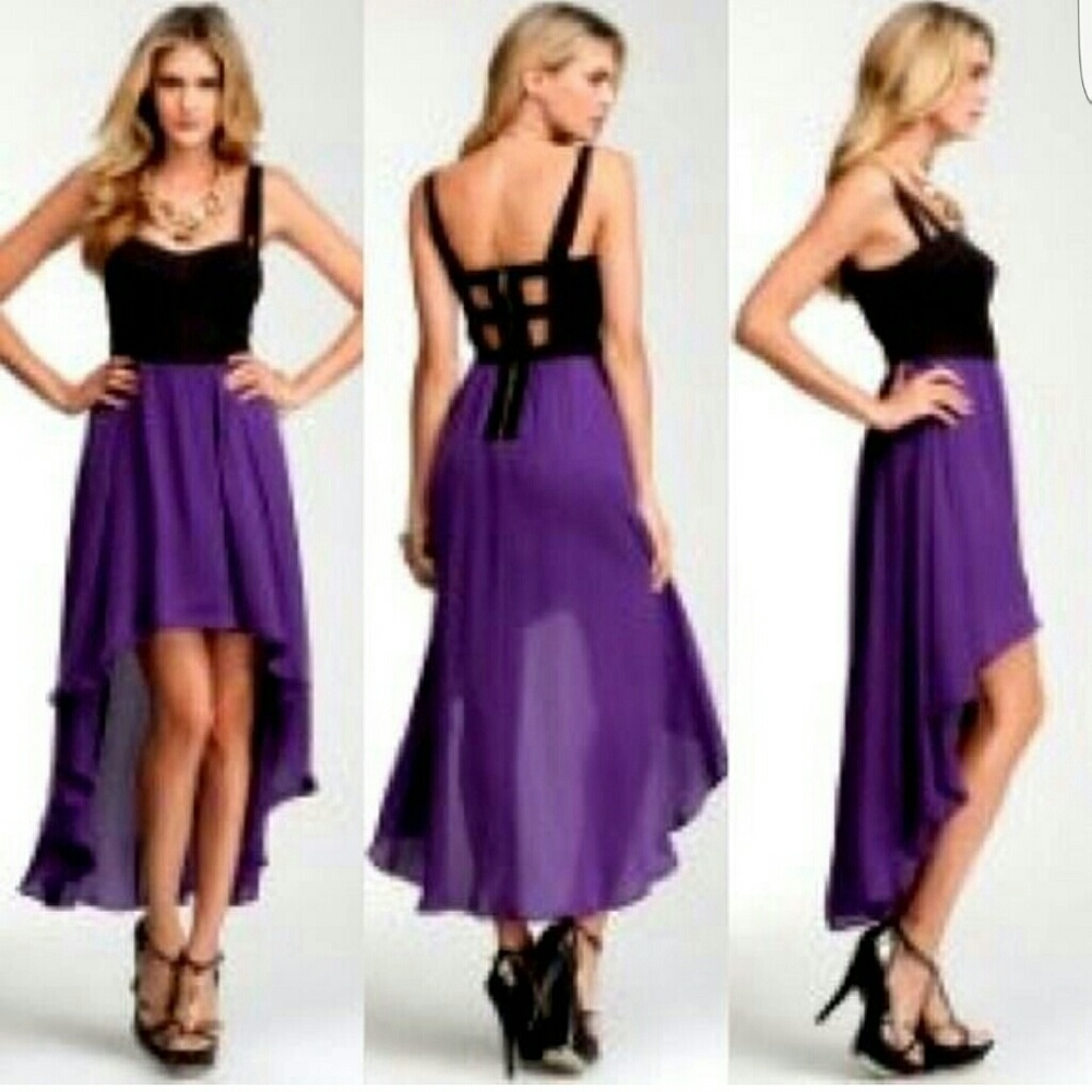 SOLD.. BEBE purple black straps hi low dress size S