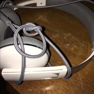 Headphones, grey, long cord.