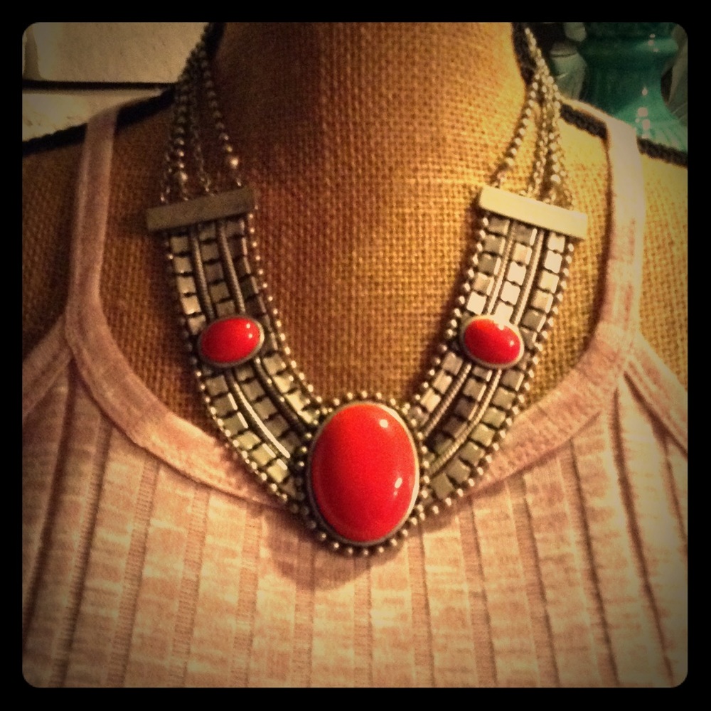 Beautiful silver and red stone bib necklace