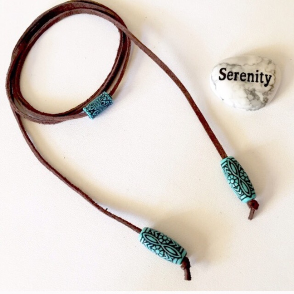 Brown Suede Turquoise Beaded Choker Wrap Necklace