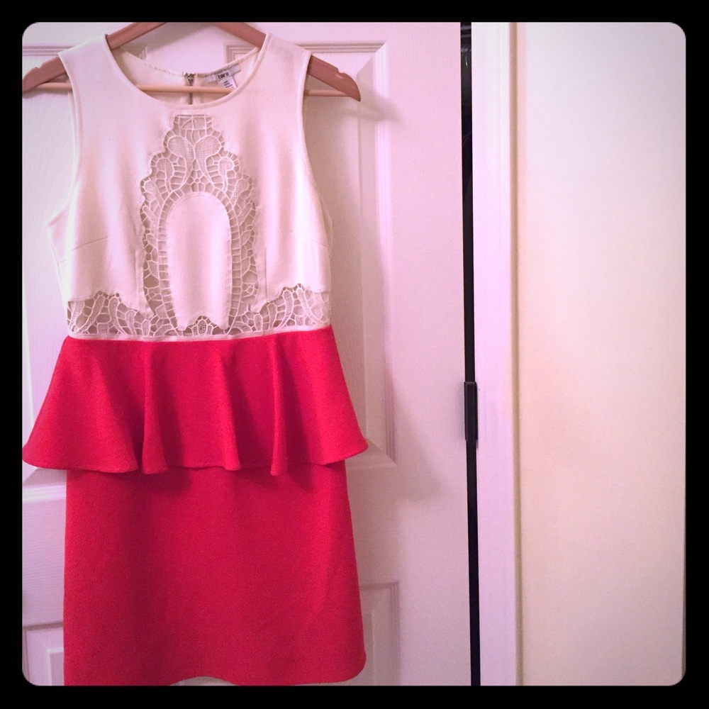Bar III Cream and Coral Peplum Dress