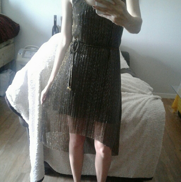 Metallic Gold and Black Party Dress with Belt - Picture 3 of 8
