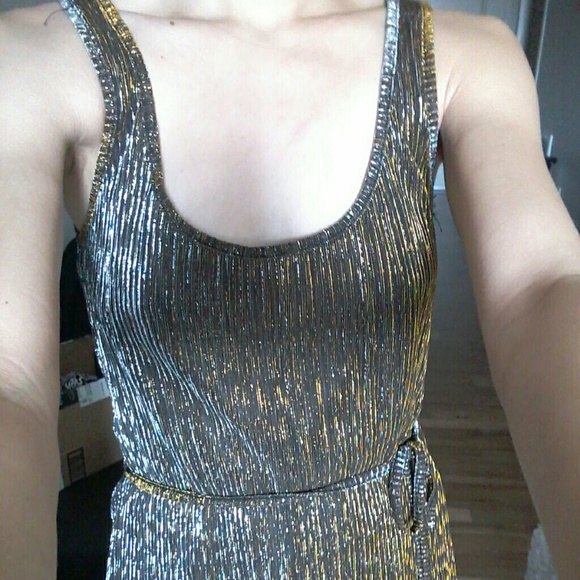 Metallic Gold and Black Party Dress with Belt - Picture 2 of 8