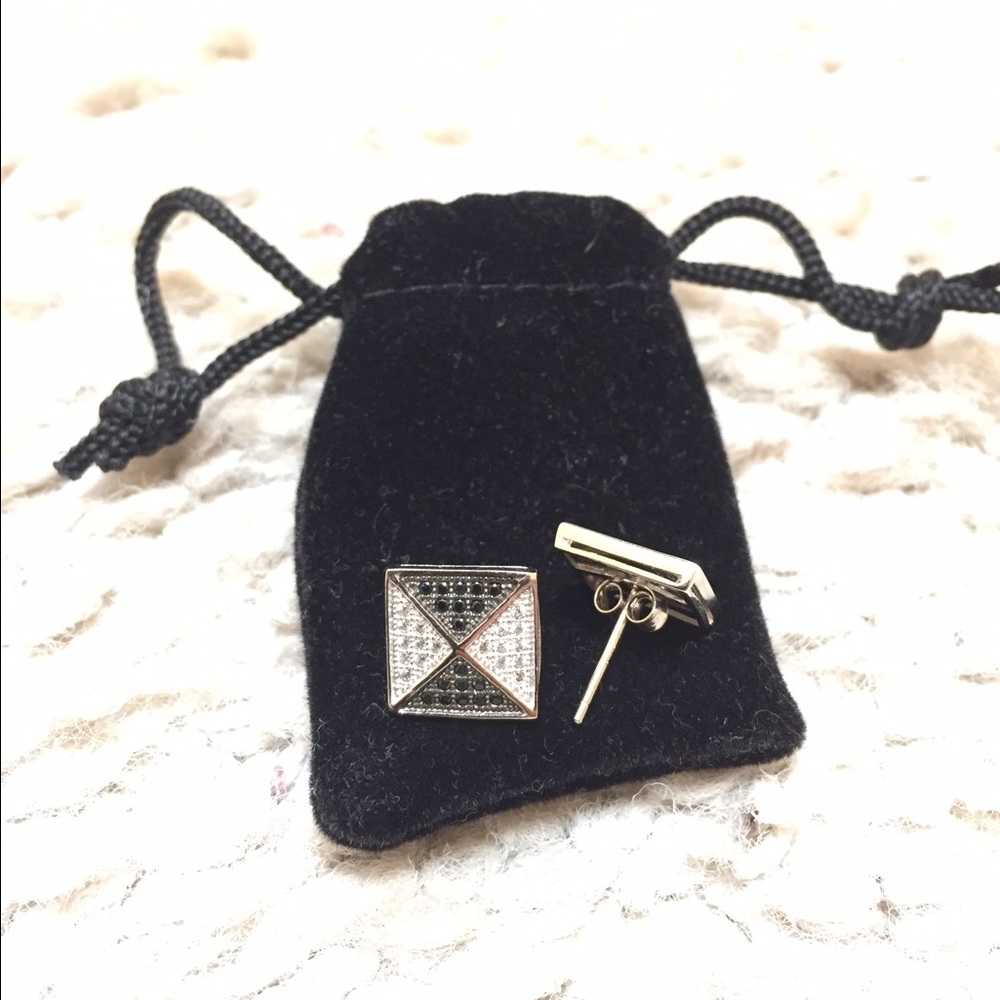 Black and white rhinestone square earrings