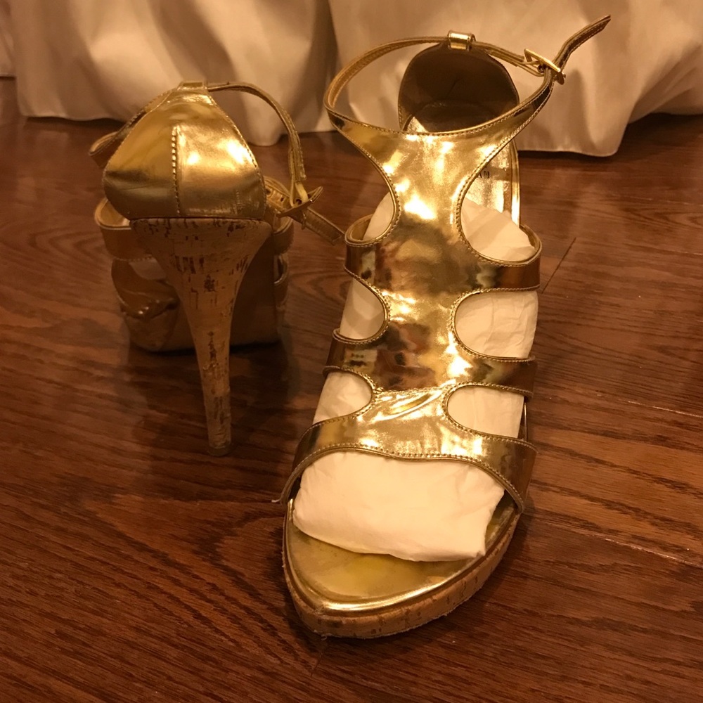 Stuart Weitzman gold gladiator cork heels