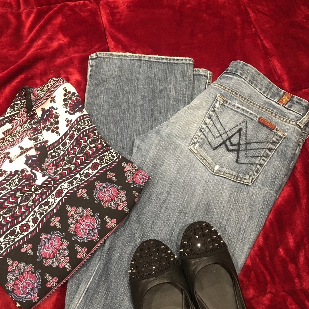7 FAM long boot cut distressed jeans EUC