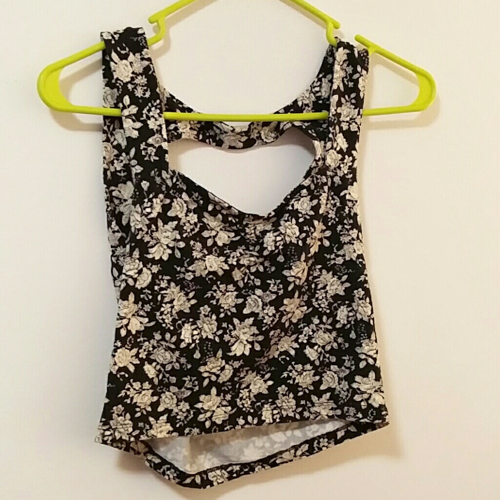 Black and white floral crop top with open back