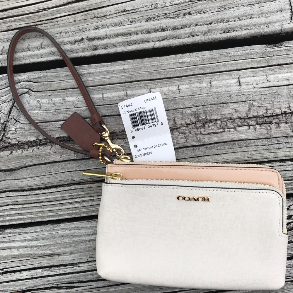NWT Coach Saffiano Leather, Double Zip Wristlet