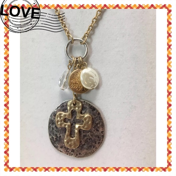 Jewelry - NWT Hammered Cross Love Charm Necklace FIRM