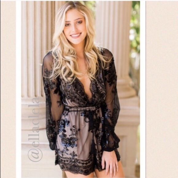Elegant Black Sequin Sheer Romper Party Outfit - Picture 2 of 8